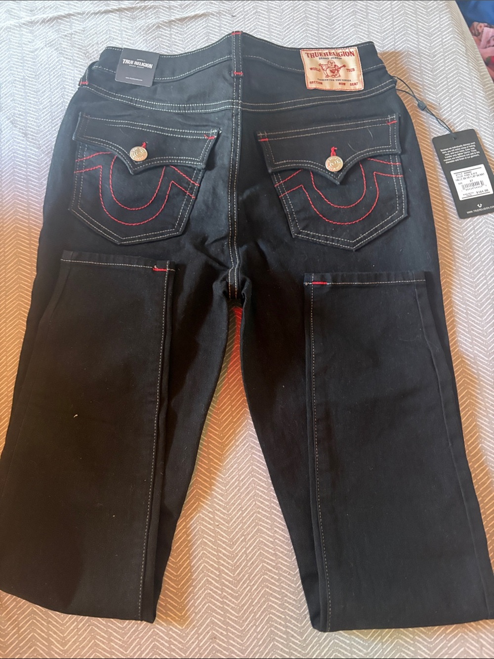 True Religion Black Straight Leg Jeans with Red Stitching